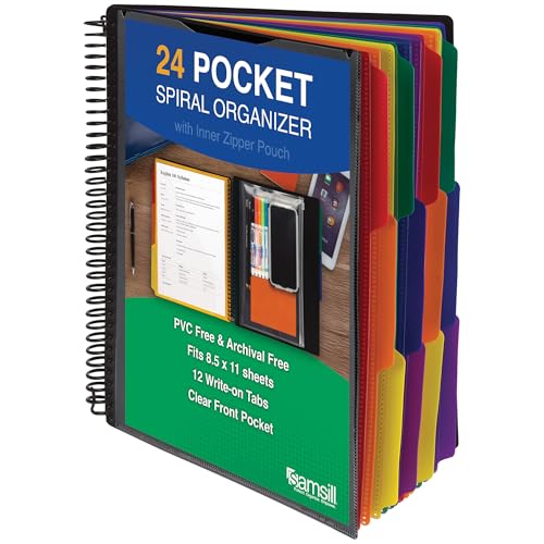 Samsill Spiral Folder Organizer - 12 Dividers & 24 Pockets with Zipper Pouch, Multi Pocket Color Cordinated Folder Binder with Customizable Tabs, Document Organizer (Basic) - color: Classic, size: Single, style: 12 Dividers