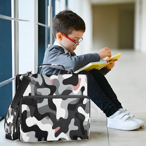 Black and White Camouflage Zipper Binder 3 Ring with Shoulder Strap and Handle Multiple Pockets Expanding File Folder Organizer