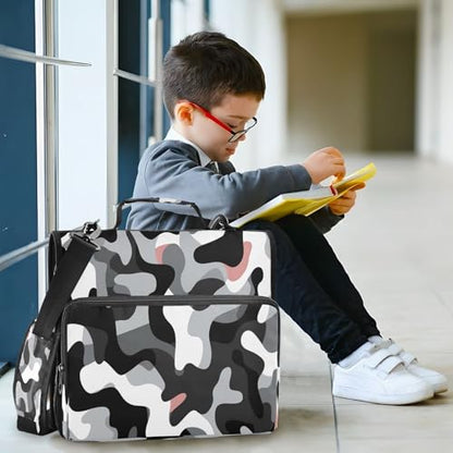 Black and White Camouflage Zipper Binder 3 Ring with Shoulder Strap and Handle Multiple Pockets Expanding File Folder Organizer
