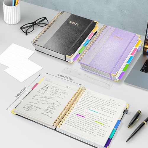 Hardcover Spiral Notebook Journal with Removable PVC Dividers - 8'' x 10'' Large 100 GSM Paper B5 Notebooks with Tabs, 300 Pages Leather 5 Subject Notebook College Ruled for Work School Notes, Black - color: Black