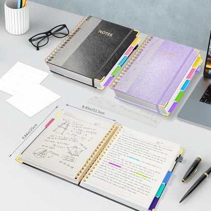 Hardcover Spiral Notebook Journal with Removable PVC Dividers - 8'' x 10'' Large 100 GSM Paper B5 Notebooks with Tabs, 300 Pages Leather 5 Subject Notebook College Ruled for Work School Notes, Black - color: Black