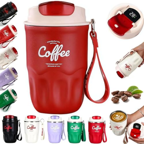Coffee Vacuum Flask, Portable Coffee Cup with Lid & Handle,Stainless Steel Insulated Water Bottle,Travel Coffee Mug for Hot and Cold Drinks for Home, Office, Outdoor Travel, LED Temperature Display - color: Red