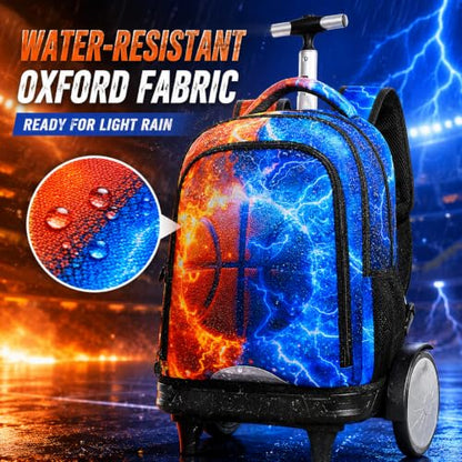 gxtvo Large Wheels & Quiet Glide | Rolling Backpack for Kids - Water-Resistant Wheeled Bag with Lunch Box for School, Travel & Outings - Fire & Lightning Basketball - color: Rolling Backpack Fire Lightning Basketball