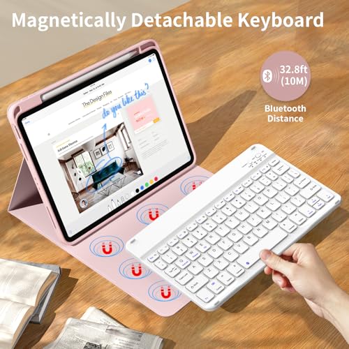 kenke for iPad 11/10th Gen Case with Keyboard 11/10.9 inch 2025 A16/2022, Detachable Wireless Bluetooth Keyboard Case with Bulit-in Pencil Holder, White Square Keycaps (Pink) - color: Pink