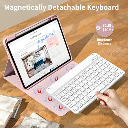 kenke for iPad 11/10th Gen Case with Keyboard 11/10.9 inch 2025 A16/2022, Detachable Wireless Bluetooth Keyboard Case with Bulit-in Pencil Holder, White Square Keycaps (Pink) - color: Pink