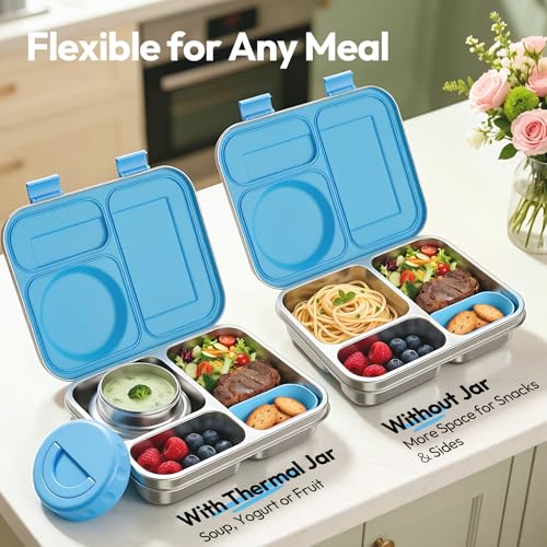Stainless Steel Bento Lunch Box with 8oz Insulated Food Jar, 3 Compartment Metal Bento Lunch Container for Kids & Adults with Silicone Container and Food Thermo for Work & School, BPA-Free(Blue) - color: Blue