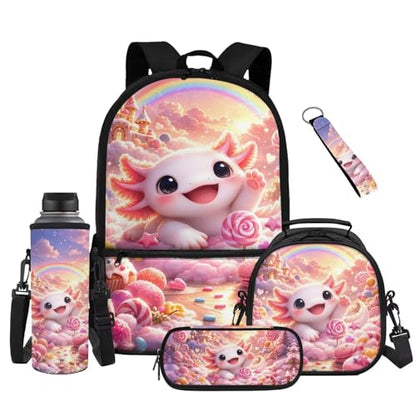 Cute Axolotl Kids Backpack Set 5 Pieces with Lunch Bag Pencil Case and Water Bottle Holder Large Capacity School Backpack for Girls Boys and Travel - color: Cute Axolotl-a