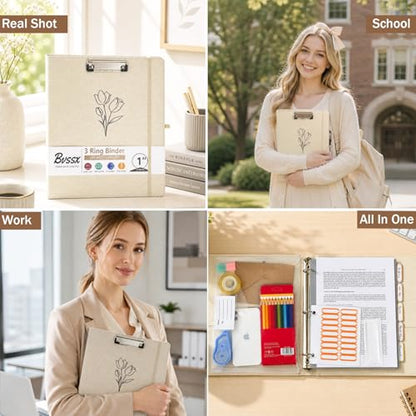 1 Inch 3 Ring Linen Binder Organizer, BVSSX Three Ring Binders with Clipboard, Plastic Folder, 5-Tabs Pocket Dividers with Sticker Labels, Pen Loop, Elastic Strap (Beige, Letter Size) - color: Beige Flower, size: 1in（Letter Size）