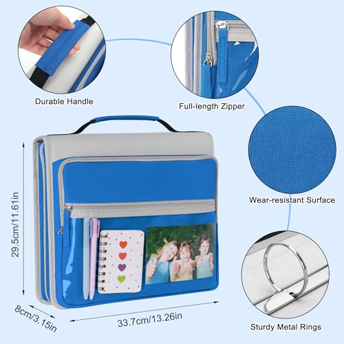 Ndsox Zipper Binder 3 Ring with Handle, 2 Inch O-Ring Document Organizer Middle School Binder with Zipper for Students, 5-Tab Expanding File Folder & 2 Mesh Pouches, DIY Clear Front Pocket, Blue - color: Blue