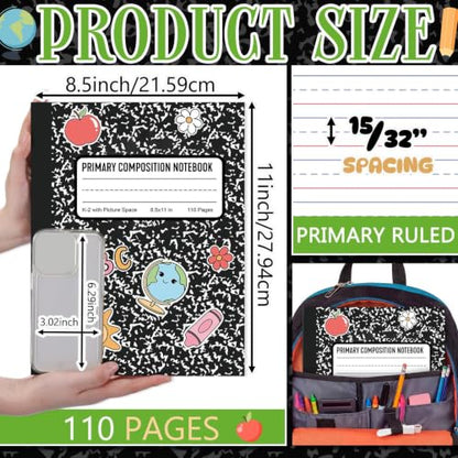 Gueevin 6 Pack Black Marble Primary Composition Notebook with Picture Space Bulk for Grades K-2 110 Page 8.5 X11'' Half Primary Journal K-2 Drawing Story for Back to School First Day of School - style: Marble