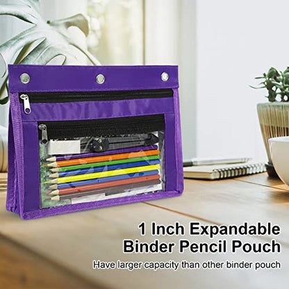 YoeeJob 2 Pack 1 Inch Expandable Zipper Pencil Pouches with Clear Window for 3 Ring Binder, Suitable for School & Office (Purplek) - color: Purple