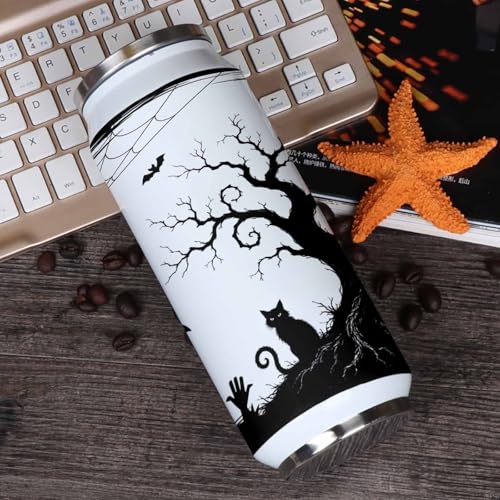 T&H XHome Halloween 10oz Stainless Steel Tumbler with Lid & Straw-Double Wall Vacuum Insulated Travel Mug Evil Cat Bat Wood Grain Water Bottle Coffee Beverage Drinks Cup - size: 10 Ounces
