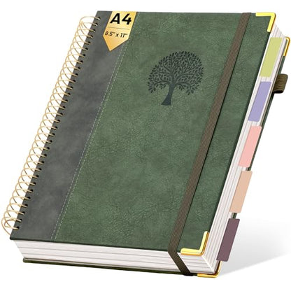 Yoment Hardcover Spiral Notebook 8.5" x 11" Leather 5 Subject Notebook College Ruled with Dividers Tabs 300 Pages Large Spiral Journal Notebooks for Work School Note-Taking Business, Green - color: Green