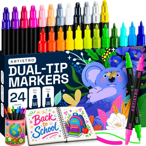 ARTISTRO 24 Precision Dual-Tip Acrylic Paint Markers – Paint Pens Set with Dot & Fine Tips for Fabric, Rock, Glass, Wood, Coloring Books – Arts & Crafts Gift – Classroom Must Haves & School Supplies | Dot & Fine Tips for Fabric, Rock, Glass, Wood, & Color