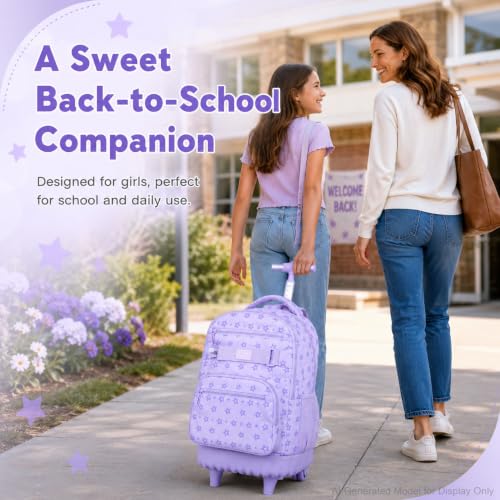 HPJGD 3PCS Girls Rolling Backpack, Purple Star Wheeled School Backpacks, Water-Resistant Roller Bookbag Set - color: Purple Star Rolling Backpack Set