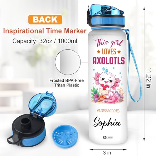 Hyturtle Personalized Axolotl Water Bottle - 32oz Motivational Water Bottle with Leak-Proof Lid & Time Marker - Custom Name Gift for Axolotl Lovers, Women, Girls, Boys - Birthday & Christmas Gift - color: Axolotl