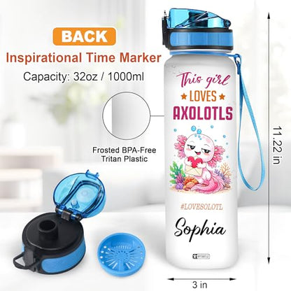 Hyturtle Personalized Axolotl Water Bottle - 32oz Motivational Water Bottle with Leak-Proof Lid & Time Marker - Custom Name Gift for Axolotl Lovers, Women, Girls, Boys - Birthday & Christmas Gift - color: Axolotl