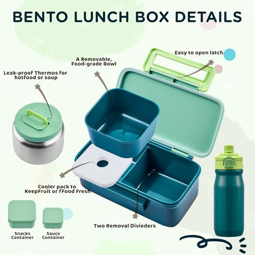 MAISON HUIS Bento Box for Kids with 8oz Soup Thermo, Insulated Lunch Bag & 17oz Water Bottle, 2-Compartment Bento Box with Built-In Ice Pack, Leak-Proof & BPA-Free (Green) - color: Green