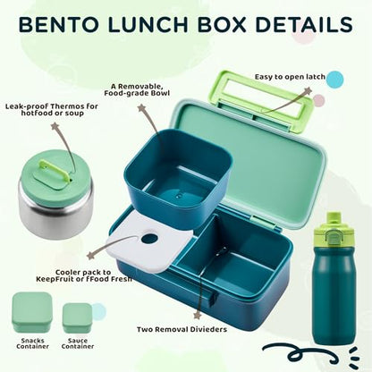 MAISON HUIS Bento Box for Kids with 8oz Soup Thermo, Insulated Lunch Bag & 17oz Water Bottle, 2-Compartment Bento Box with Built-In Ice Pack, Leak-Proof & BPA-Free (Green) - color: Green
