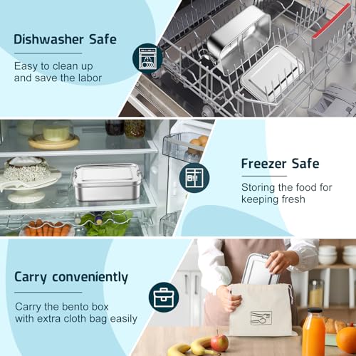 TeamFar Stainless Steel Bento Box, 47oz/1400ML Large Metal Lunch Box | Lunch Container for Adults / Kids, for Home/School/Office/Travel, with 2 Removable Dividers, Leak-Proof & Dishwasher Safe - size: 1400ML
