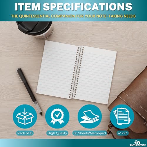 1InTheOffice Small Spiral Notebook 4x6, Spiral Memo Pads, College Ruled, Small Notepads 4X6 inches, Assorted Colors, 50Sheets/Pad, 15 Pack