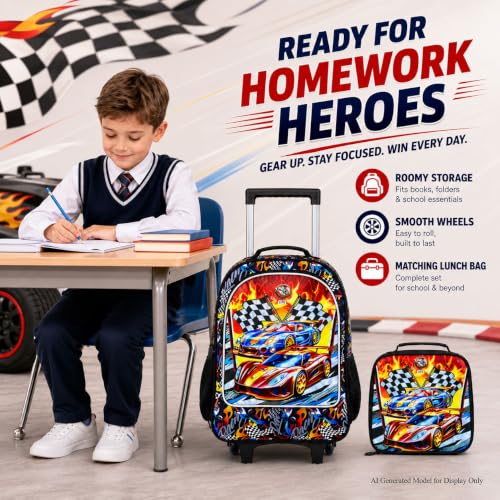 HPJGD 3PCS Car Rolling Bookbag for Boys, Kids School Backpack with Wheels, Water Resistant UV Printed Roller Wheeled Bookbag Set with Lunch Box - color: 3PCS Boys Rolling Backpack