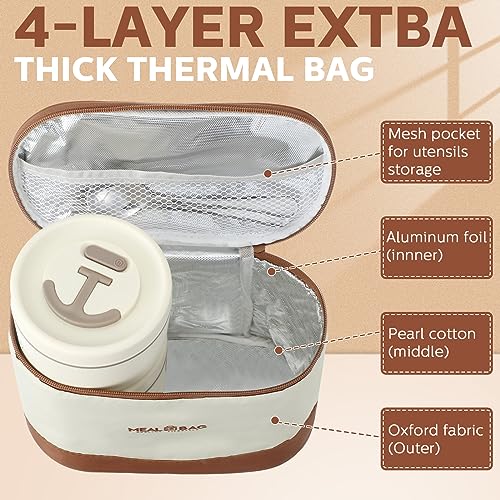 Dandat 4 Pcs Insulated Lunch Container, Portable Bento Box, Stainless Steel Lunch Box, Round Stackable Leakproof Thermal Food Container for Adult Men Women with Insulated Bag, 74 oz(Beige) - color: Beige