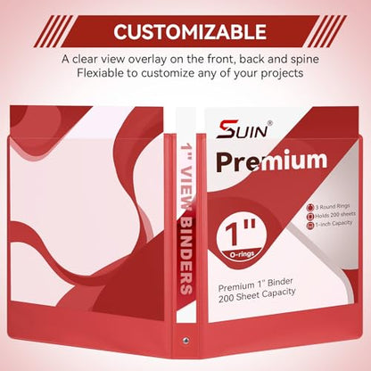 SUIN 1 Inch 3 Ring Binder, Clear 1'' View Presentation Binders with 2 Pockets, Fits 8.5 x 11 Letter Size, Durable Polypropylene, Non-Stick & PVC-Free for School, Office & Home (Red) - color: Red