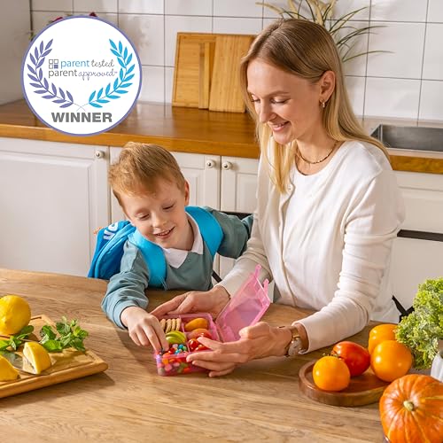 Snack Box Containers Set of 2-Reusable,100 Dissolvable Labels, 8 Adjustable Compartments, Dishwasher Safe, BPA-Free, Meal Prep Container, PARENT TESTED PARENT APPROVED AWARD (2 Pack) (Pink) - color: Pink, size: Small