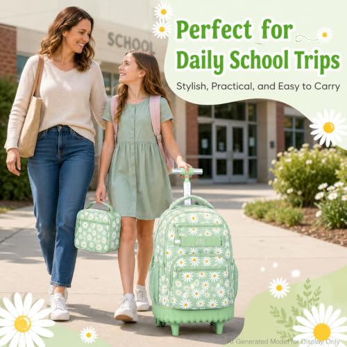 AGSDON Elegant Chrysanthemum Rolling Backpack Set – 20” Girls Roller Bookbag with Matching Lunch Box for Travel, Commute & School | Water-Resistant Fashion Wheeled Organizer in Flower Cyan - color: Rolling Backpack Set - Daisy Green