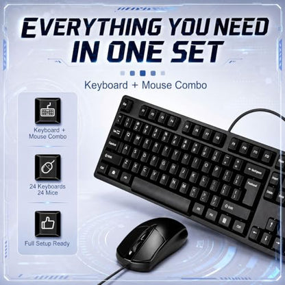 Tellegloww 48 Pcs Wired USB Keyboard and Mouse Combo Bulk 24 Corded QWERTY Keyboard 24 Mouse for Office Business Enterprise Workstation, Plug and Play Computer Peripherals for PC Desktop Laptop