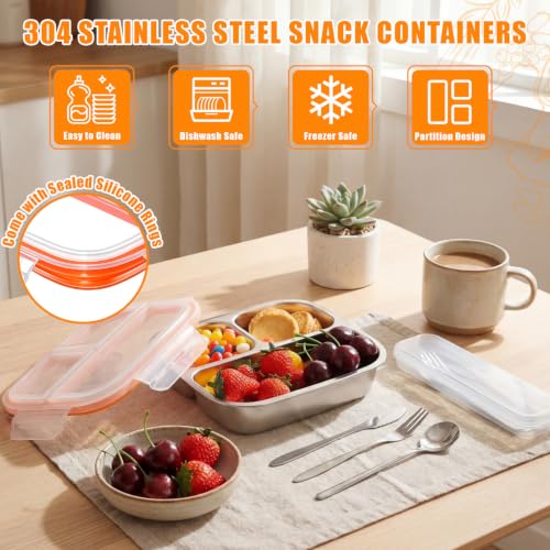 36 Pcs Stainless Steel Snack Container Set with Fork, Knife, Spoon & Chopsticks – 6 Pack 20.3 oz Leakproof Bento Snack Boxes, 2-compartment Food Storage Container for Fruit, Meal Prep & Travel - style: 3-compartments
