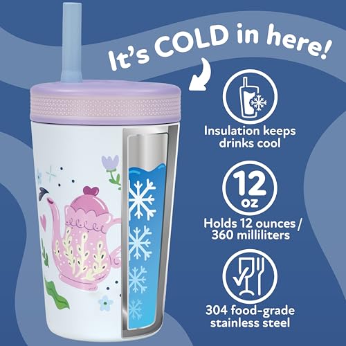 Nuby Thirsty Kids Insulated Toddler Cup with Silicone Flexstraw - 12 oz - Stainless Steel and Leak-Resistant - 18+ Months - Tea Pots - color: Tea Pots