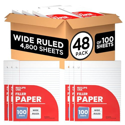 Wide Ruled Loose Leaf Paper Wide Ruled Notebook Paper Lined Writing Filler Paper 10.5” x 8” 56 gsm 4800 Sheets 100 Sheet Per Pack (48 Pack) - size: 48 Pack