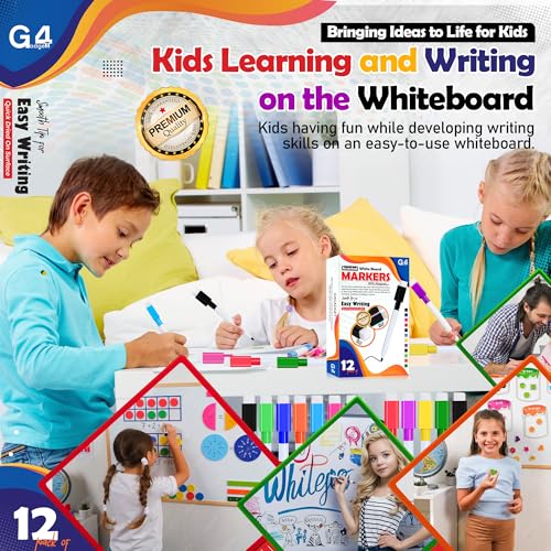 G4GADGET 12pcs Colourful Whiteboard Markers with Magnet & Eraser | Dry Wipe White Board Pens | Fine Tip, Low Odor, Non-Toxic Erasable Markers for Kids, Office, Classroom & Home Use