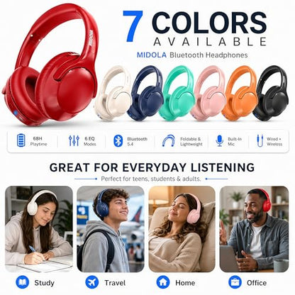 MIDOLA Bluetooth Headphones Over Ear, 68H Playtime Wireless Headphones with Microphone, 6 EQ Modes, HiFi Stereo Deep Bass, Foldable Lightweight Headset for Home Office, Cellphone, PC, Red - color: Red