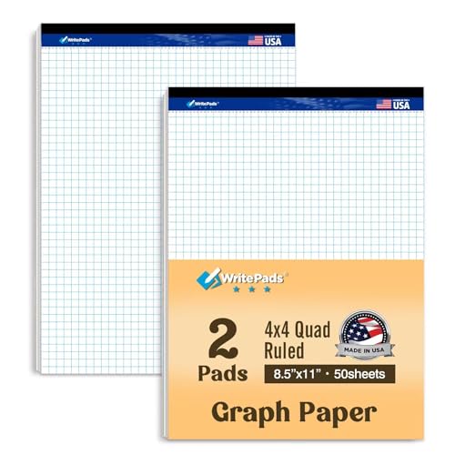 Graph Paper Pads 8.5 x 11, 4x4 Quad Ruled Graph Paper, 2 Pack, 50 Sheets Per Pad, White Graphing Paper Notebook with Sturdy Back & Micro-Perforated Pages, Made in USA, for School, Math, Drafting & Office - color: White