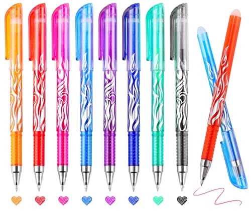 8 Pack Colored Erasable Gel Pens, 0.5mm Fine Point with Eraser, Flame Pattern Barrel, Erasable Pen Set for Journaling, Note Taking, Planner Writing, Drawing, School, Office, Home and DIY Crafts - color: 8 Colors
