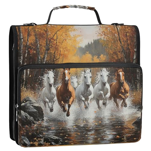 Caikeny 3 Ring Zipper Binder Oil Painting Horses Running 1.5 inch Binders Bag with Shoulder Strap and Handle Expanding File Pockets - color: Multicolored 1z2.9