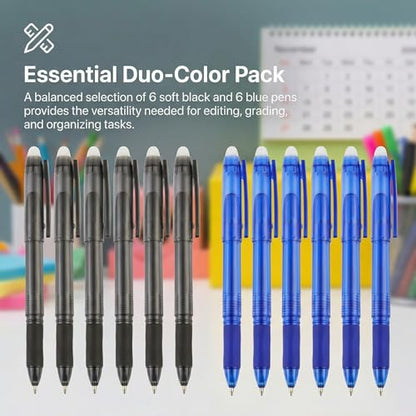 Volcanics Erasable Gel Pens, 0.7mm Fine Point Gel Erasable Ink Pens with Eraser - Rocket Book Pens, Soft Black and Blue, 12 Pack, Smooth Writing Pens Pencil-Like Precision for Home School & Office - color: Black and Blue, size: 1 Count (Pack of 12)