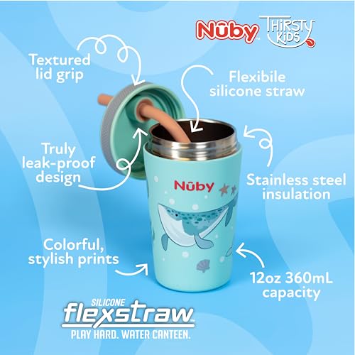Nuby Thirsty Kids Insulated Toddler Cup with Silicone Flexstraw - 12 oz - Stainless Steel and Leak-Resistant - 18+ Months - Ocean - color: Ocean