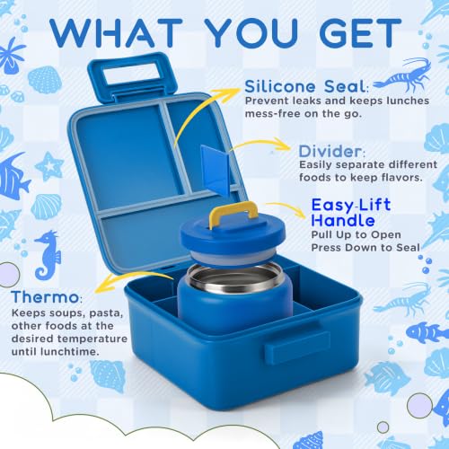 Bento Lunch Box for Kids with 8oz Thermo Containers for School,Camping | Vacuum Insulated Food Jar,Leakproof Silicone-Seal,5 Compartments with Dividers,Dishwasher & Refrigerator Safe,BPA-Free - color: Blue