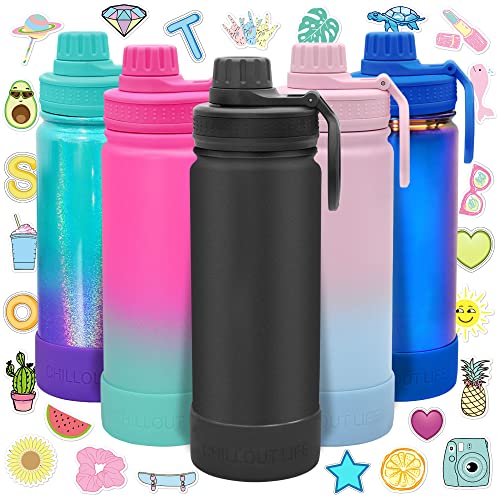 CHILLOUT LIFE 17oz Kids Insulated Stainless Steel Water Bottle with Leak Proof Spout Lid & 144 Stickers - color: Black, style: 17 oz