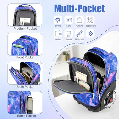 NEW TILAMI 19 Inch Rolling Backpack with Lunch Bag for Girls Boys Wheeled Laptop Backpack Durable Carry-on Bag School Travel, Star Violet - color: Purple Star Violet