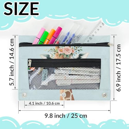 Cute Giraffe Pencil Pouch for 3 Ring Binder wreath Floral Pencil Case Bag with Clear Window Zipper Pockets for Kids Girls Boys Students School College Supplies 2 Pack - color: Blue Brown