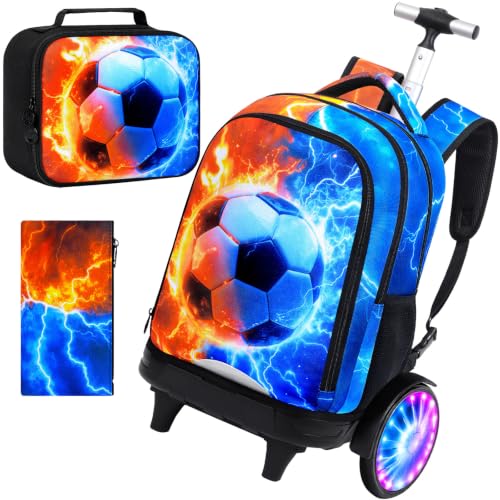 AGSDON Quiet Rolling Backpack with Lunch Box Set – Large Luminous Wheel Water‑Resistant Wheeled Bag for School, Outings, and Travel | Fire-Lightning Soccer 3‑Piece Organizer Backpack - color: Large Luminous Wheel Rolling Fire-lightning Soccer