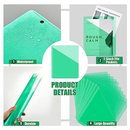 Seajan 48 Pcs Pocket Folders for 3 Ring Binder Clear Plastic Folders Sleeves with 2 Pockets 3 Hole Punch Binder Dividers Poly Slash File Jackets for Office School Document Organizer (Green) - color: Green