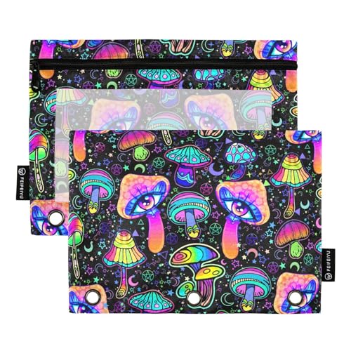 Magic Mushrooms Pencil Pouches for 3 Ring Binder2 Pack | Ring Binder Pencil Case With Zipper Reinforced GrommetsPencil Bags for Office Organizers - color: Magic Mushrooms