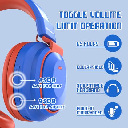 Mokata Kids Headphones Bluetooth 5.3 Wireless Lightweight Fast Charging 68 Hours Play Time Volume Limited 85/94dB Over Ear Foldable with Built-in Mic for Toddler Boy Girl Tablet Pad Blue - color: Blue
