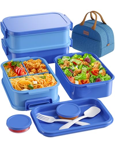 KEMETHY Adults Bento Lunch Box Set with Thermo Bag, 74oz Stackable Leak-proof 3-tiers Bento Box, Built-in Utensil and Sauce Container for Work, School, Dining Out (Blue) - color: Sapphire Blue